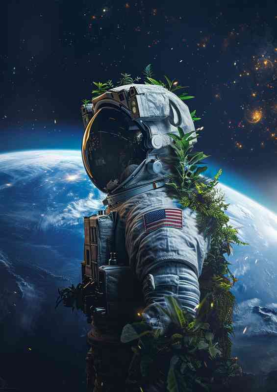 Astronaut with his back to the earth with plants | Di-Bond