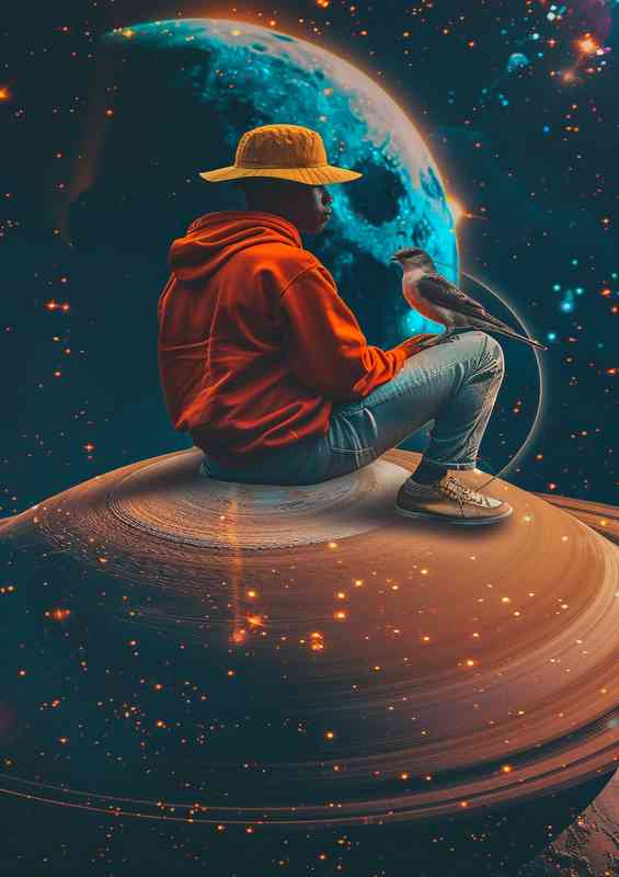 Man sitting on a saturn with a bird | Metal Poster