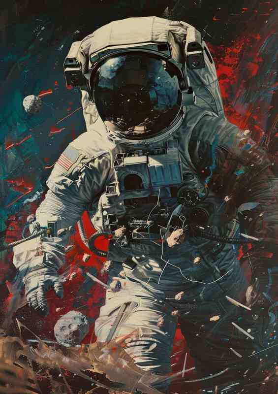Space Astronaut with flying debris | Metal Poster