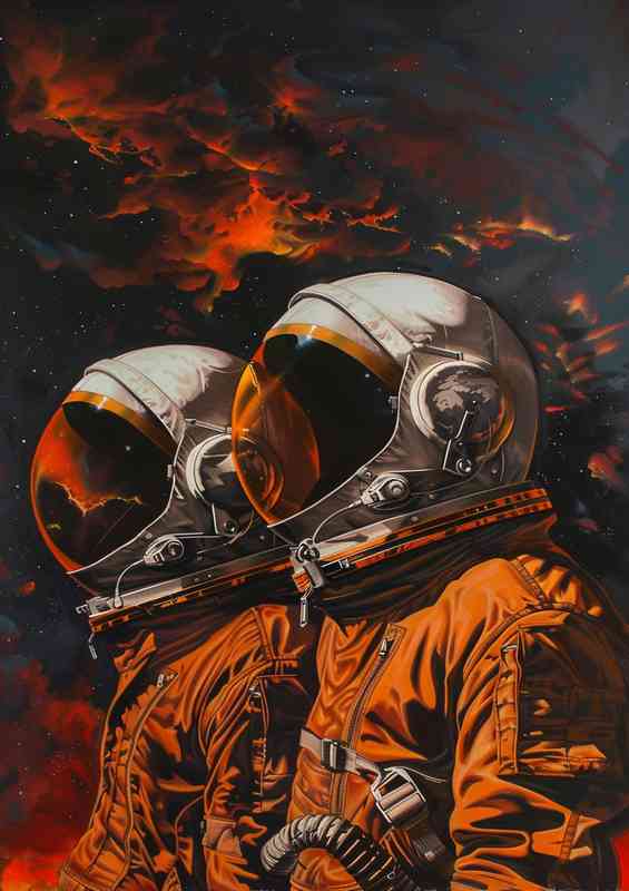 Space men wearing helmets and orange suits | Metal Poster