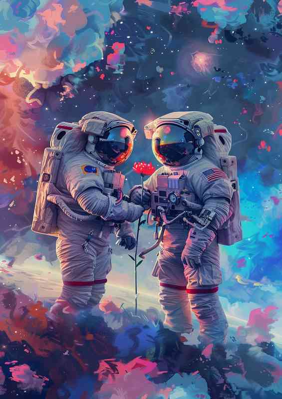 Two Astronauts are in space holding a flower | Poster