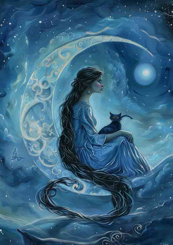 Angel sitting on the moon with her cat | Metal Poster