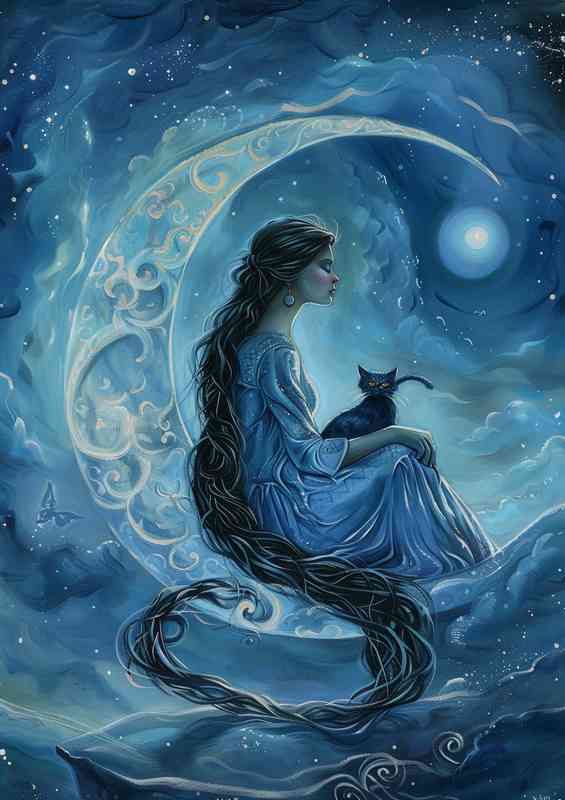 Angel sitting on the moon with her cat | Poster