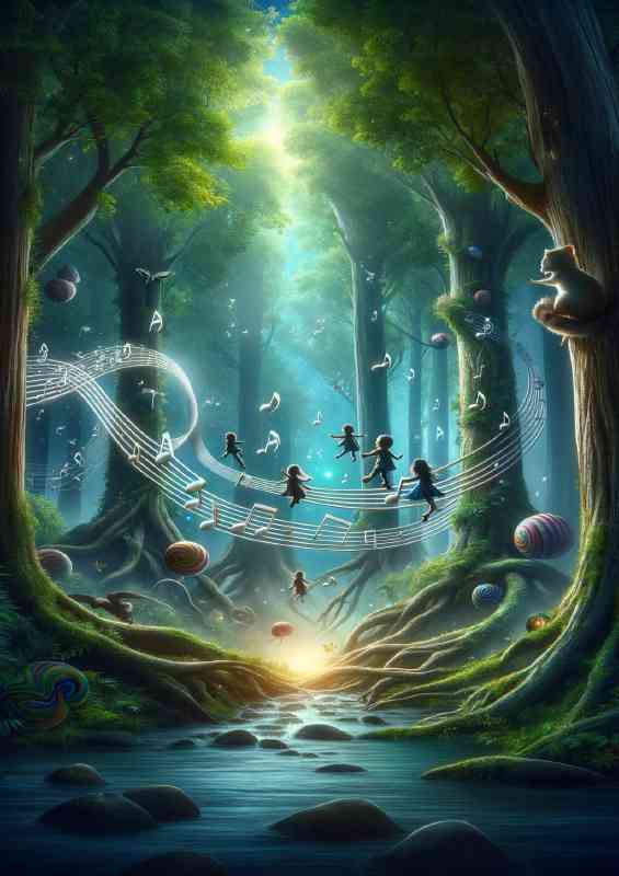 Children floating on musical notes through a mystical forest | Poster