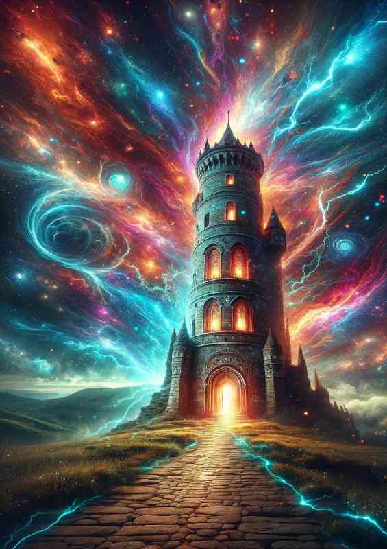Enchanted tower standing tall amidst a vibrant cosmic storm | Di-Bond
