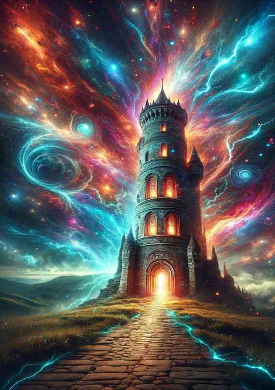 Enchanted tower standing tall amidst a vibrant cosmic storm | Poster