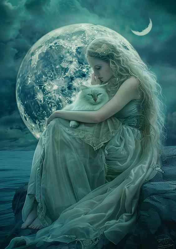 Lady sits on a rock with moon background | Poster