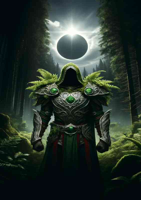 Warrior in earth themed armor emerging from a dense forest | Poster