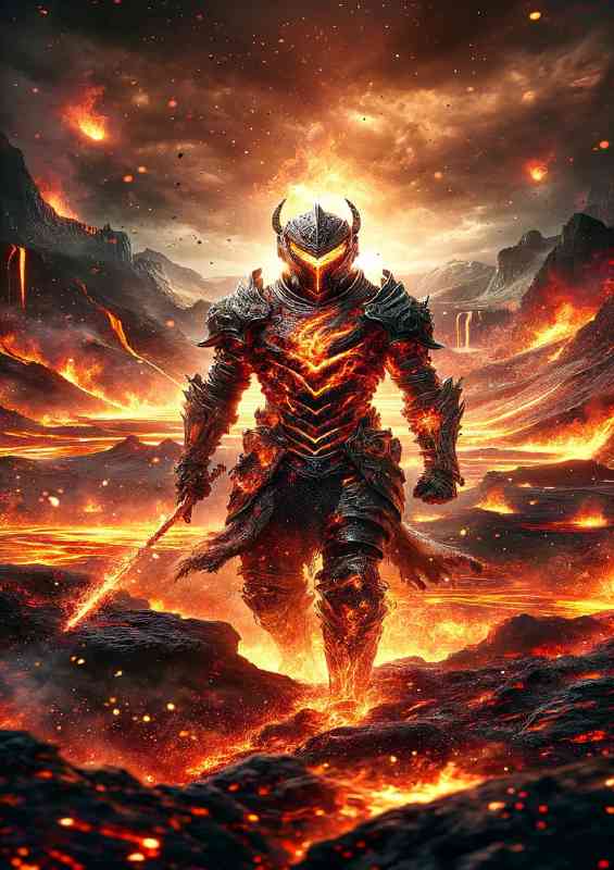 Warrior in fire themed armor in a volcanic crater | Poster
