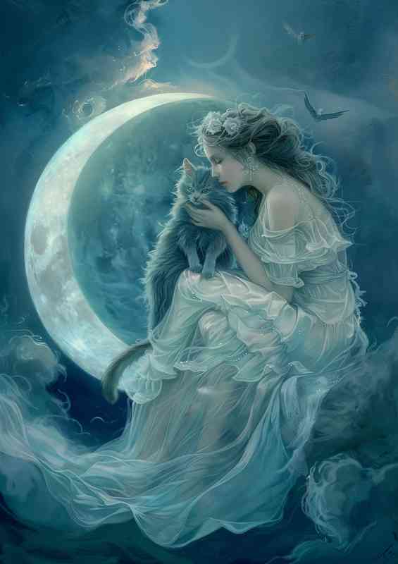 Woman is sitting on the moon with a cat on her lap | Di-Bond