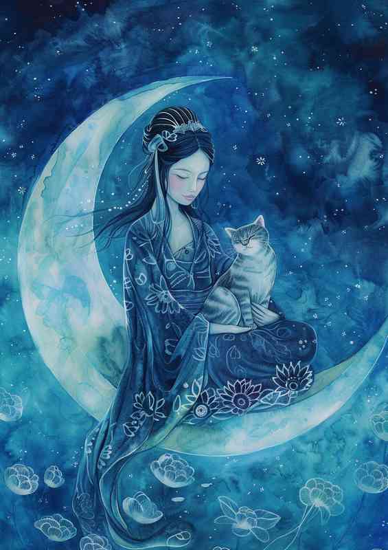 Woman sits on the blue moon with a Cat | Canvas