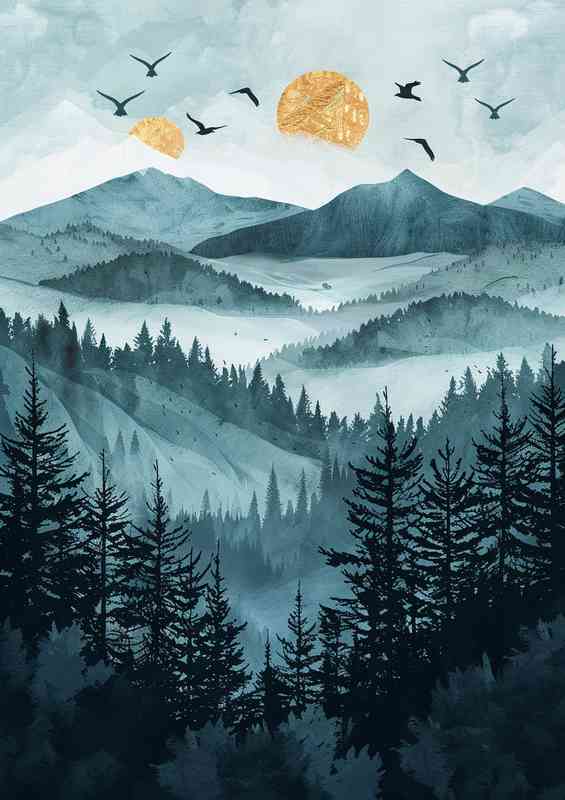 A forest of pine trees with gold accents | Poster