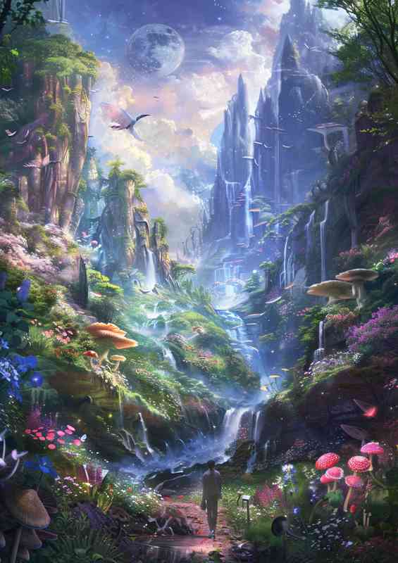 An enchanted forest with tower landscape | Metal Poster
