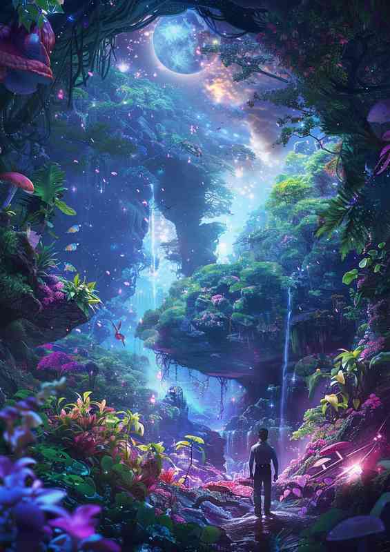 Enchanted forest with a man walking | Metal Poster