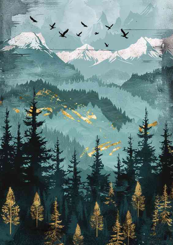 Pine trees with mountains | Metal Poster