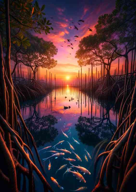 Serene beauty of a coastal mangrove forest at sunset | Canvas