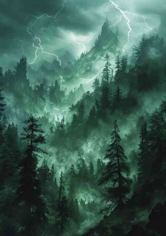 The green mountain forest with lightning | Canvas