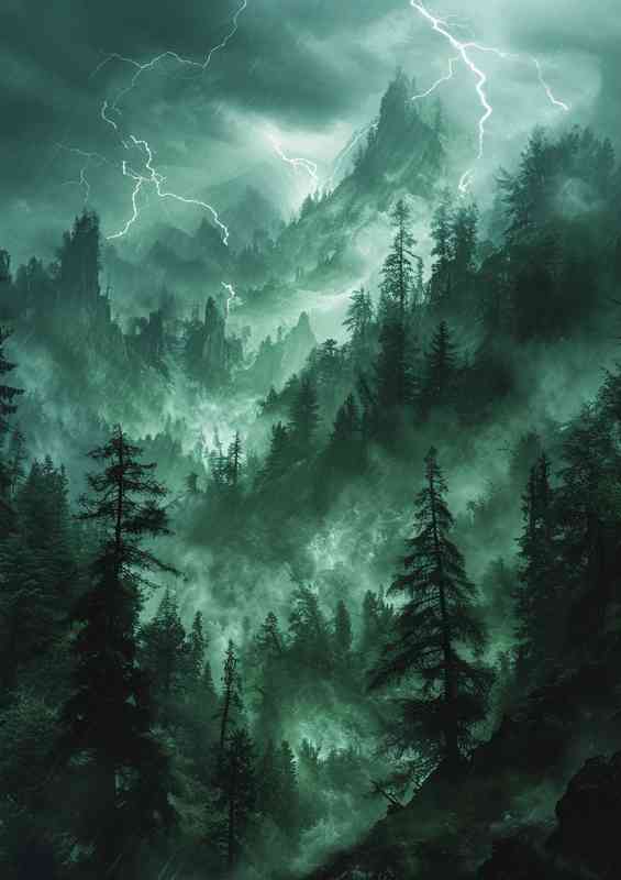 The green mountain forest with lightning | Di-Bond