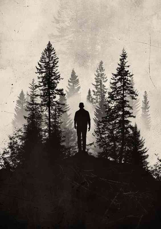 The silhouette of a man walking through forest | Canvas