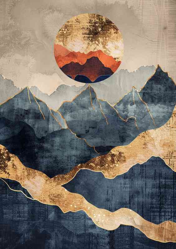 Abstract mountains and coloured sun | Metal Poster