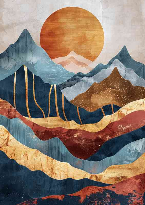 Abstract mountains and sun in earth tones with gold | Canvas