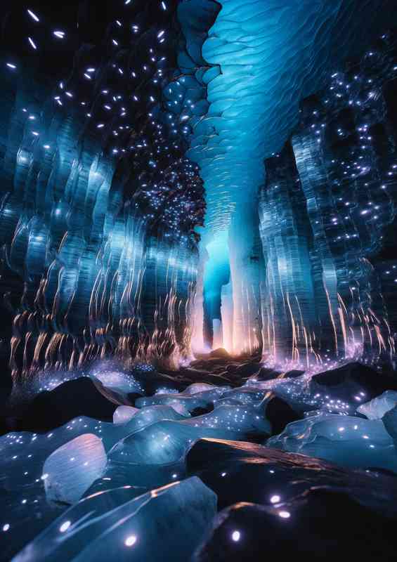 Glacier cavern illuminated by thousands of glow worms | Poster