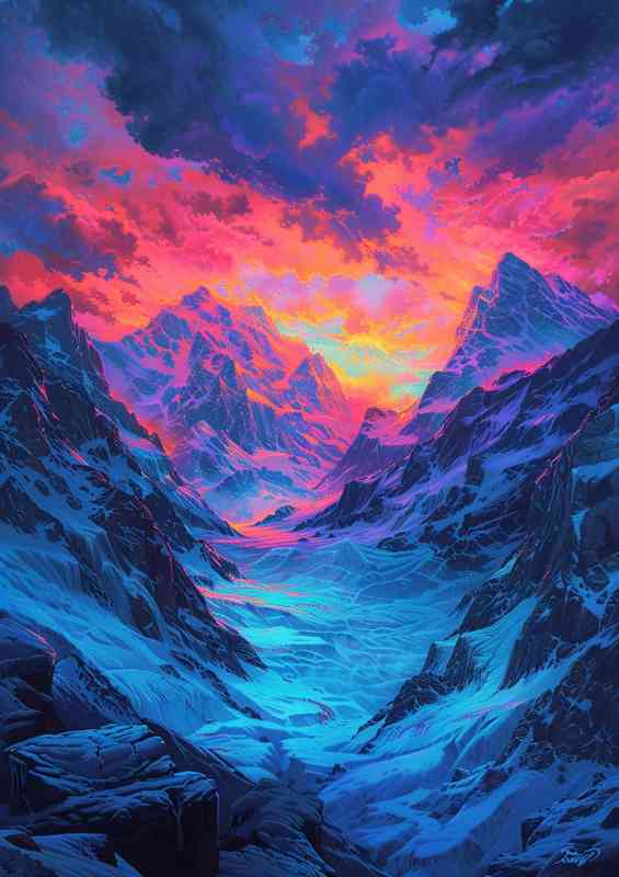 The mountain glacier is glowing form the bright sky | Metal Poster