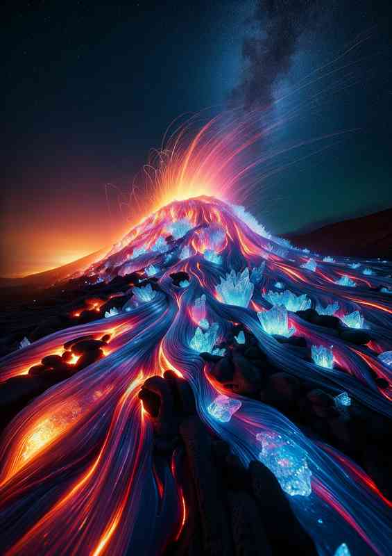 Volcanic landscape at night where the lava flows | Metal Poster
