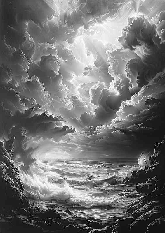 A Black and white picture of an ocean with clouds | Poster