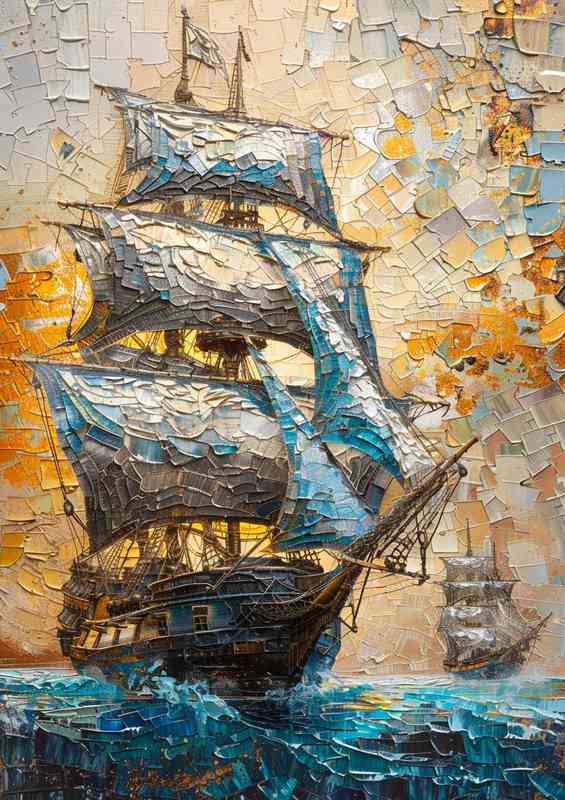 A blue ship with a large sails in the sea | Canvas