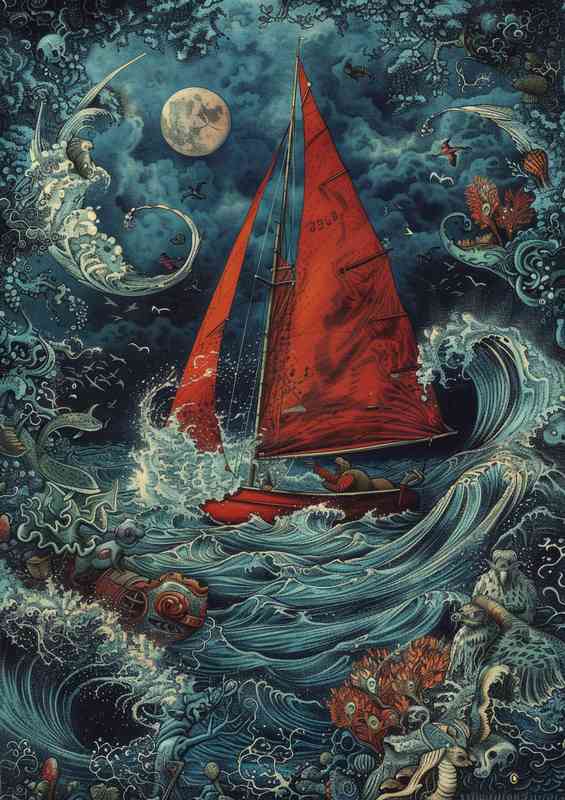 A red sail boar surrounded by big sea vaves | Canvas