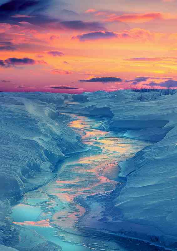 Amazing ice river with red skies | Metal Poster