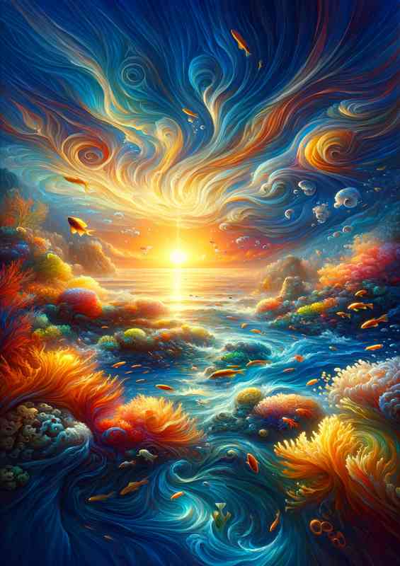 Bustling coral reef teeming with life at sunrise | Canvas