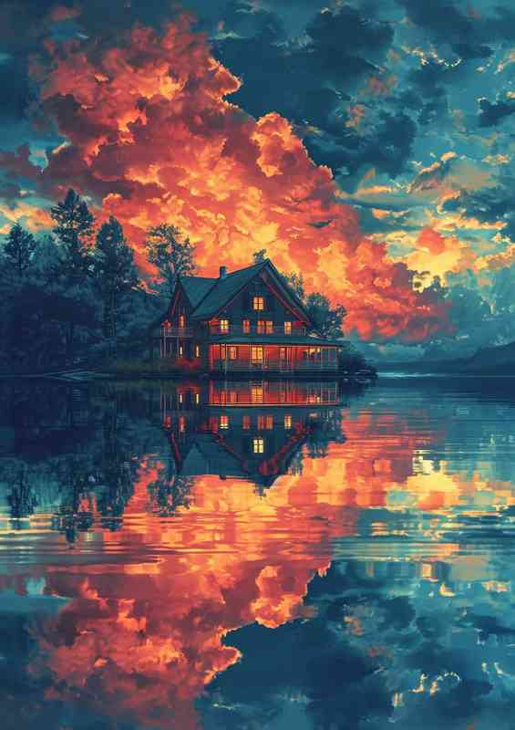 House on a lake with sky clouds | Poster