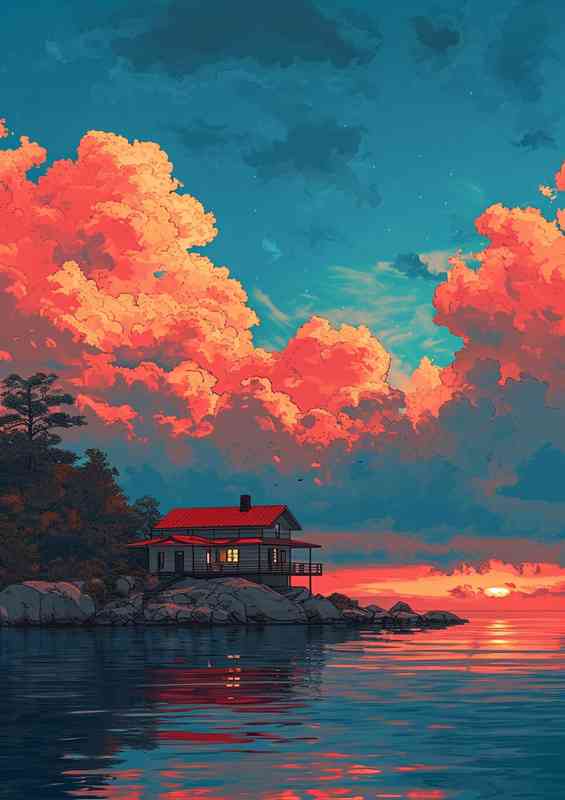 House on the lake with a cloudy sky | Poster