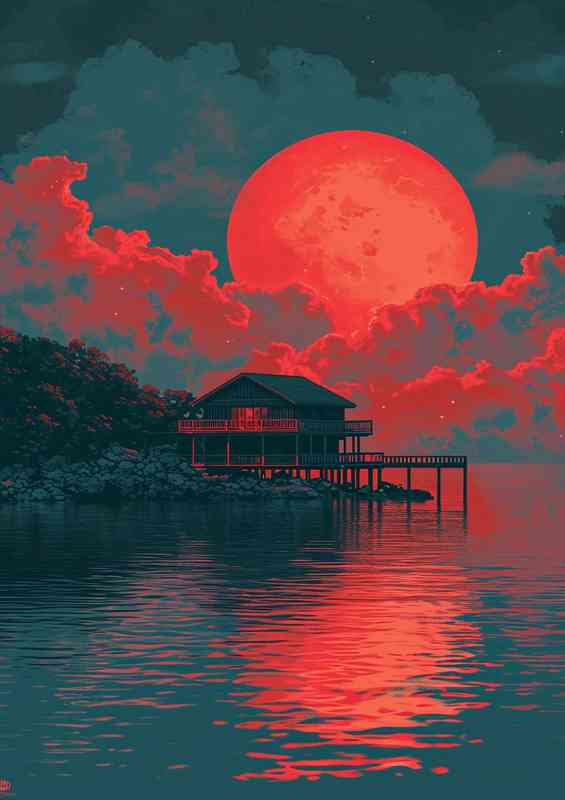 House on the lake with a setting sun | Canvas