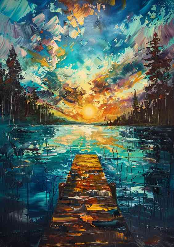 Painting style of the jetty and trees | Metal Poster