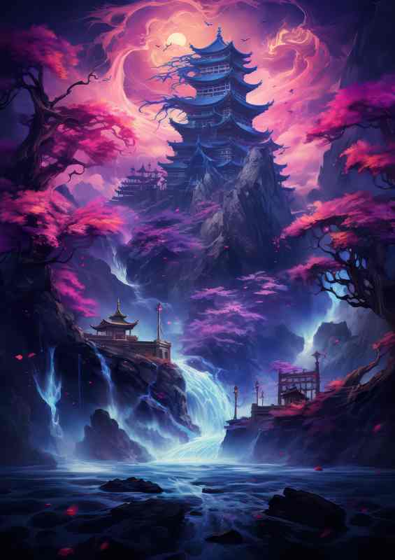 Blue Japanese Waterfall & Purple Pink Landscape Canvas