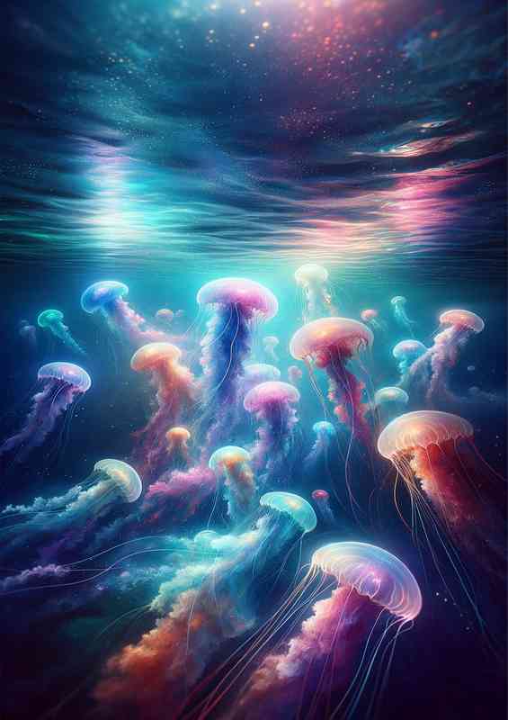 Serene underwater scene with a school of jellyfish | Poster