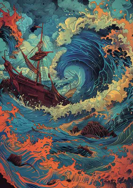 Ship trying to navigate through massive waves | Poster