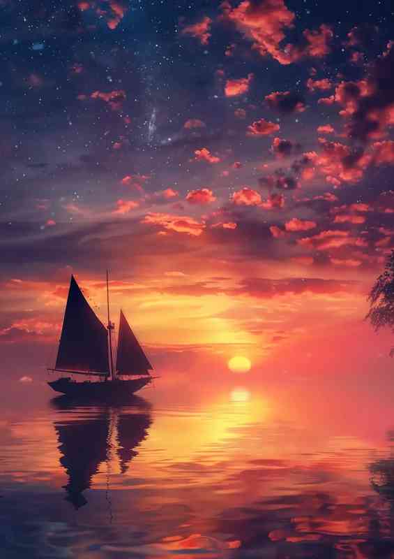 Small boat in the sea with red skies | Poster