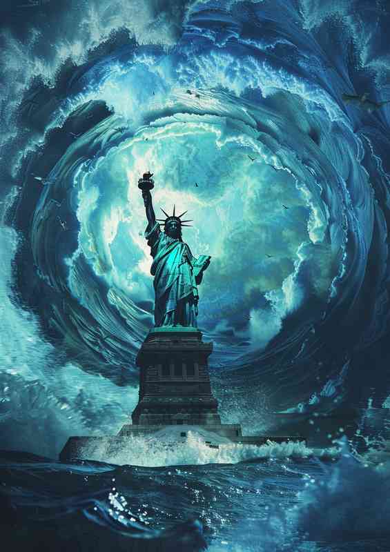 Statue of liberty against the blue ocean | Metal Poster