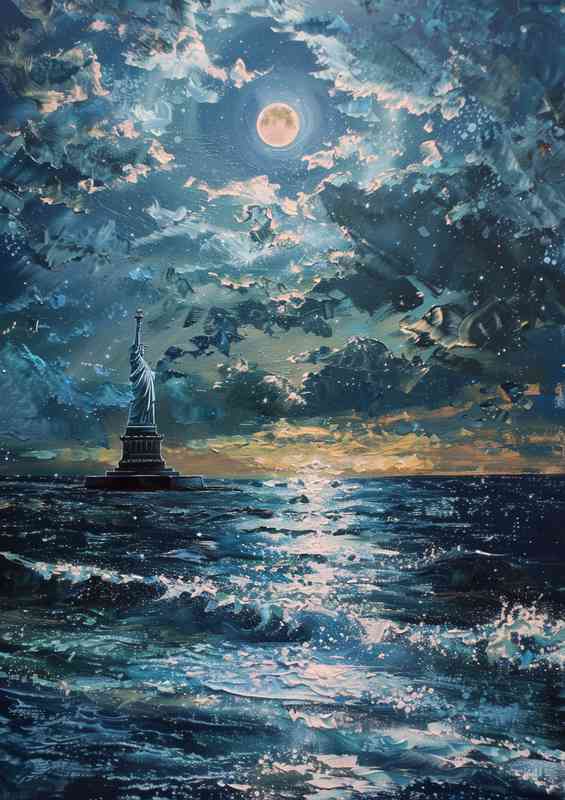 Stature of liberty in the middle of the blue ocean | Poster