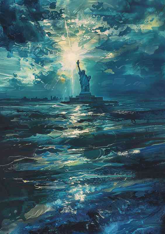 Sunrise behind the statue of liberty in the sea | Poster