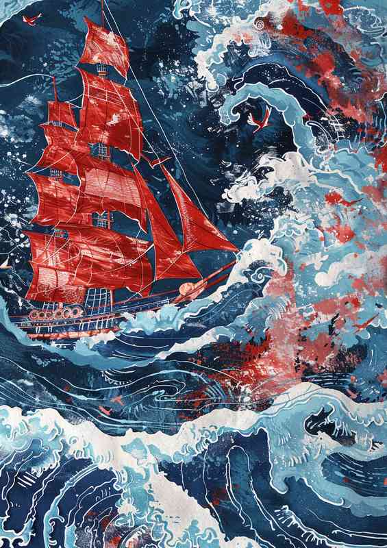 The red boat with sails in the thick of big waves | Metal Poster
