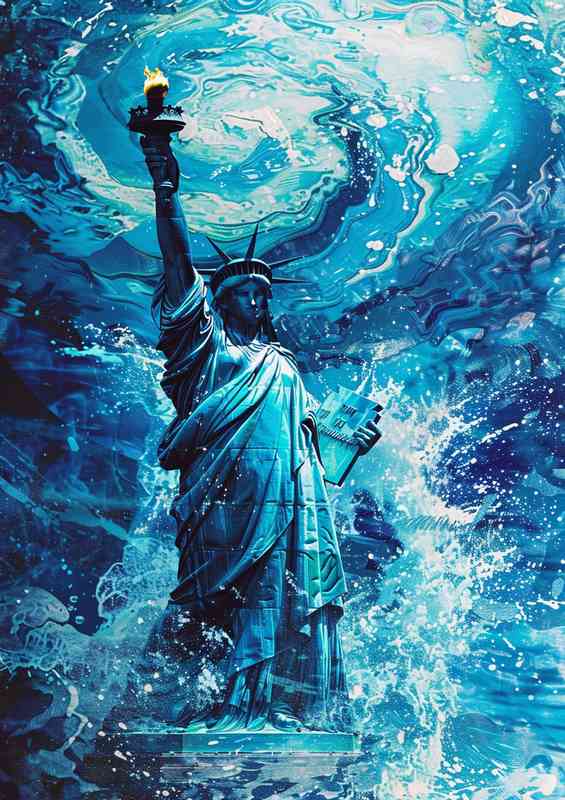 The statue of liberty against blue waves | Poster