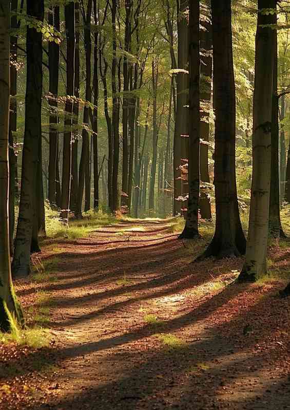 A dense forest with tall trees with sunlight | Metal Poster