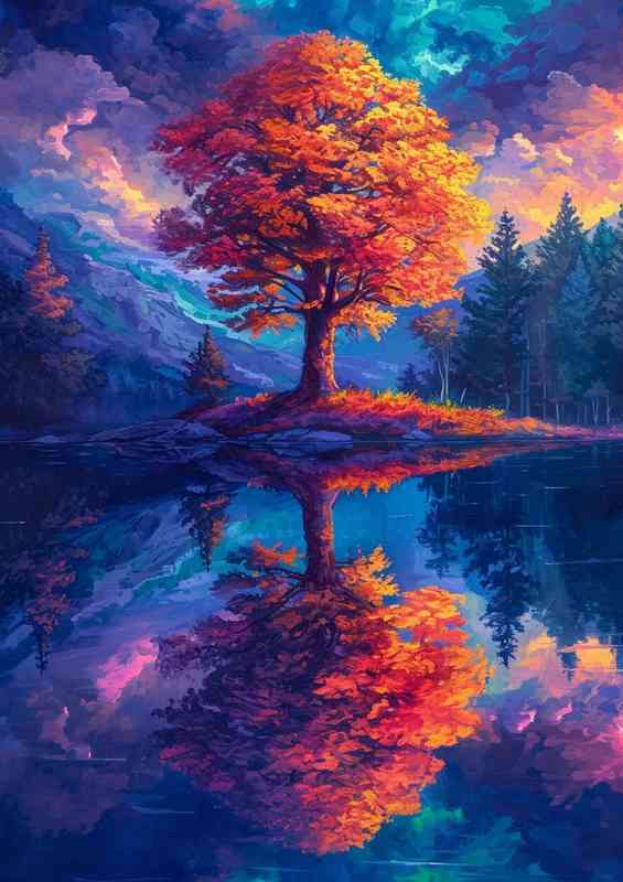 A single tree in autumn by the lake | Canvas