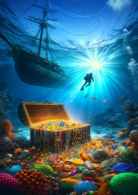 Wnderwater scene where a diver discovers a treasure chest | Poster