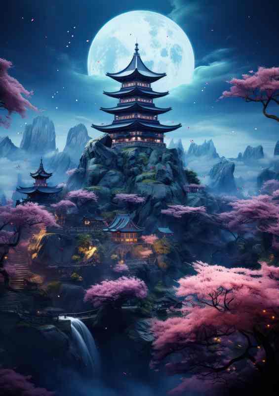 Moonlit Sakura Castle Poster